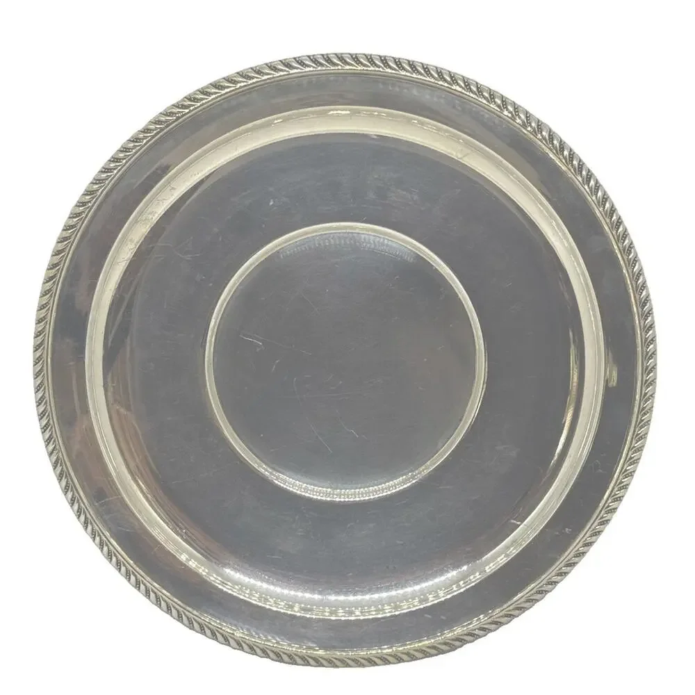 Mid 20th Century 9.5” Round Silver-Plated Serving Tray Platter Rope-Style Border